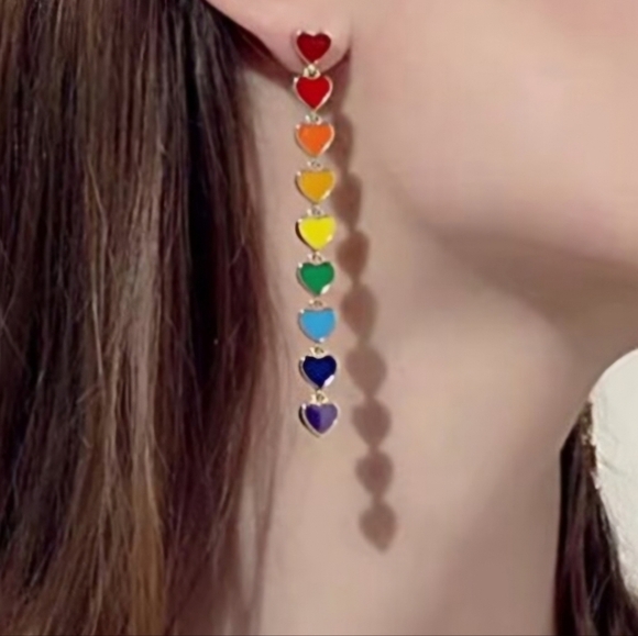 Rainbow Dangle Heart Earrings - Picture 1 of 4